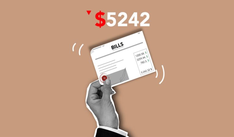 How to Cut Your AWS Bill in Half Cutout paper composition with paper document with expensive cost for paying for different services or apartment bill on brown background